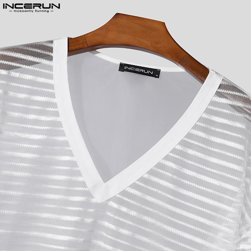 INCERUN Мужские рубашки с длинными рукавами и V-образным вырезом, сетчатые прозрачные полосатые топы