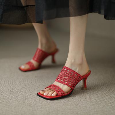 Модная женская новая летняя ретро квадратная голова полая вязаная натуральная кожа овчина открытый носок высокий каблук большие сандалии