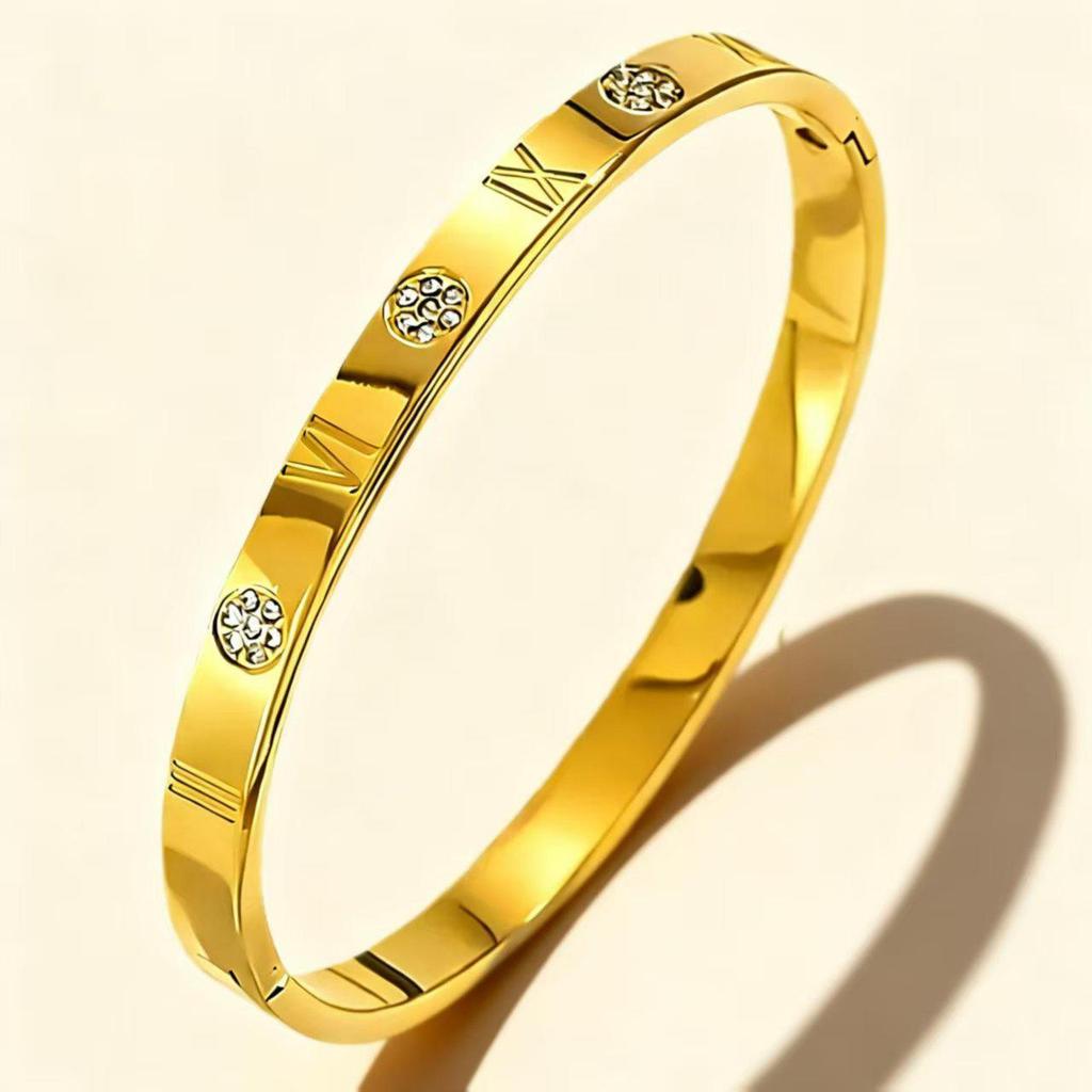 Elegant Roman Numeral Intertwined Titanium Steel Bracelet for Women - Diamond Inlaid, Double Layer, Colorfast Jewelry