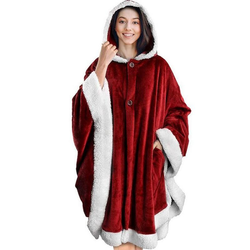 Womens White Hooded Velvet Blanket Cloak Soft Plush Lounge Cape With Pockets