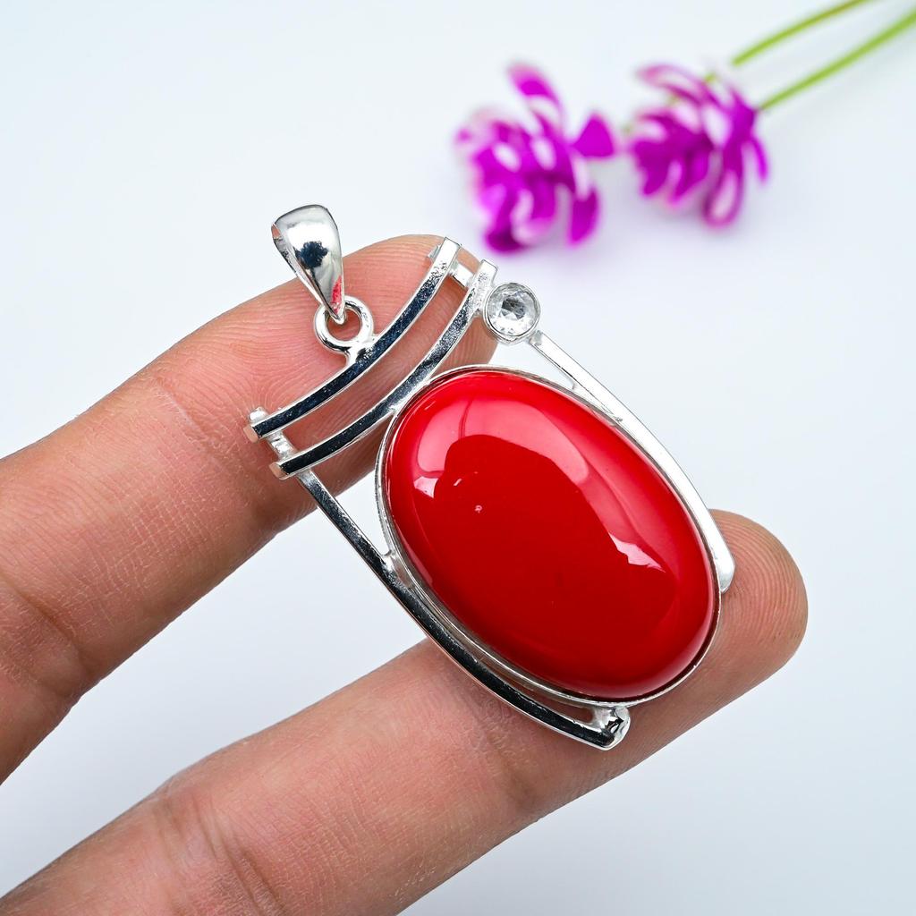 Красный коралл, белый топаз, драгоценный камень, подвеска ручной работы, 925 цельное серебро, антикварная бижутерия, для подарка на помолвку