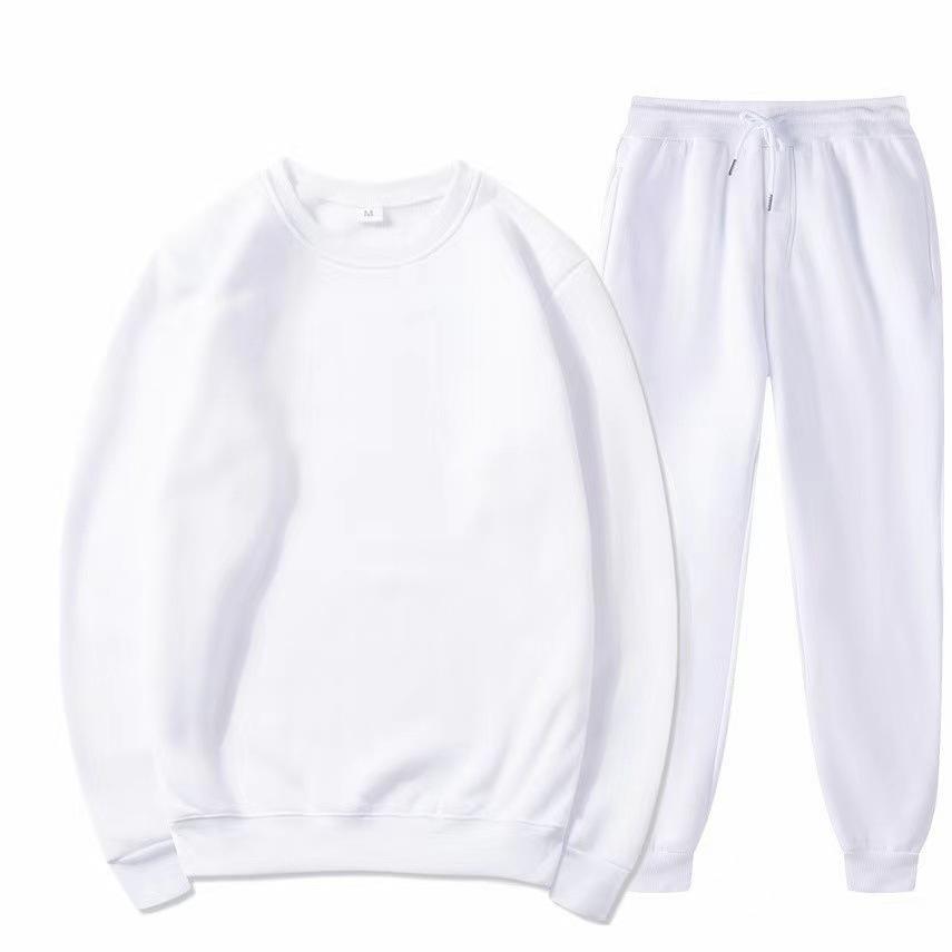 Unisex Solid Color Fleece Sportswear Set - Round Neck Hoodie & Loose Pullover