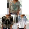 Floral Print T Shirt For Women With 3d Effect Polyester V Neck Short Sleeve Casual Top