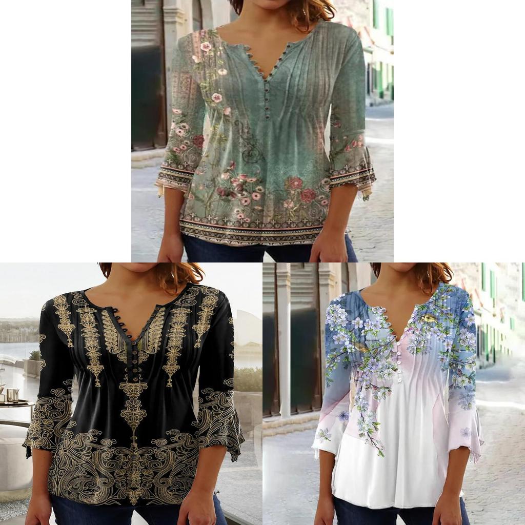 Floral Print T Shirt For Women With 3d Effect Polyester V Neck Short Sleeve Casual Top