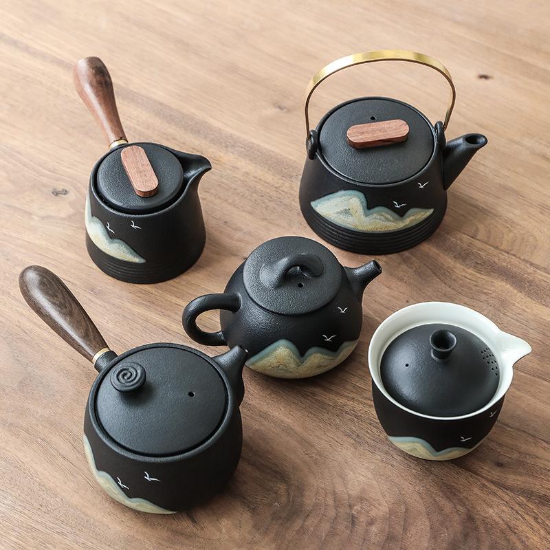 Black Pottery Green Hill Side Handle Pot Japanese Vintage Ceramic Kung Fu Tea Set Tea Pot Coffee Teapot Teapot Clay Water Kettle