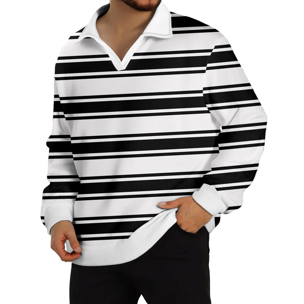 Men's Casual Fashion Printed Lapel Long-sleeved Knitted Bottoming Shirt Top