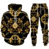 Luxury Golden Floral Print Men's 2 Piece Outfit Retro Baroque Pattern Hoodie/Pants/Set Hip Hop Streetwear Men/Women Jogging Suit