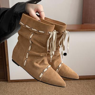 Модные замшевые внутри бустерные балетки Осень Новые Остроносые Сборные Передние На шнуровке Мягкие Слипоны Короткие ботильоны