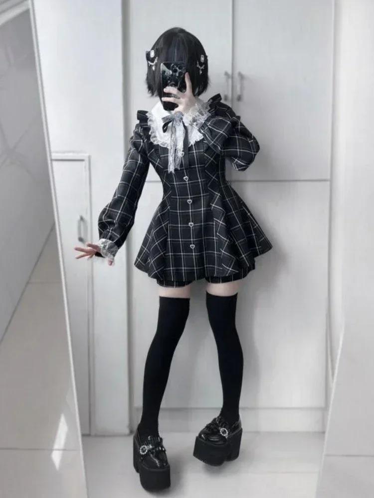 Платья в клетку Harajuku Sweet Bow Black, универсальное облегающее платье в стиле кавайной Лолиты для женщин, осеннее платье с длинными рукавами