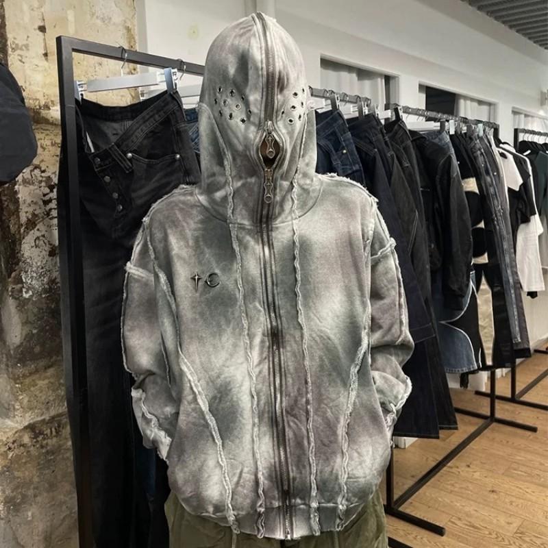 Distressed Oversized Hooded Zip-Up Sweatshirt Streetwear Loose Fit Cotton Pullover Men Fall