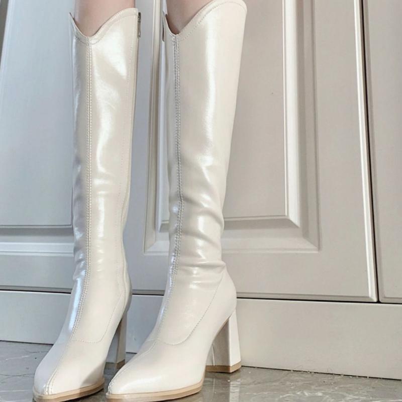 Footwear High Heels Shoes for Women Pointed Toe Ladies Boots Winter Knee Shaft Long Elegant Heeled Black New In Spring Autumn Pu