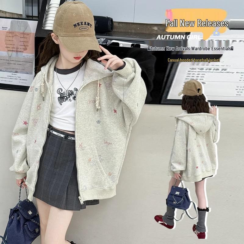 Весна и Осень 2025 Кардиган с капюшоном для девочек - Модная бейсбольная куртка с длинным рукавом