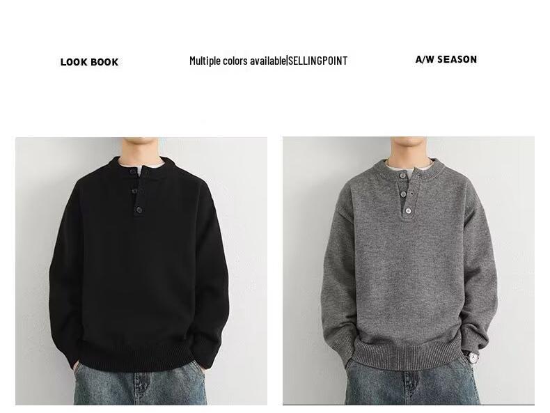 Мужская высококачественная однотонная ретро-вязаная одежда Henley для осени/зимы 2025