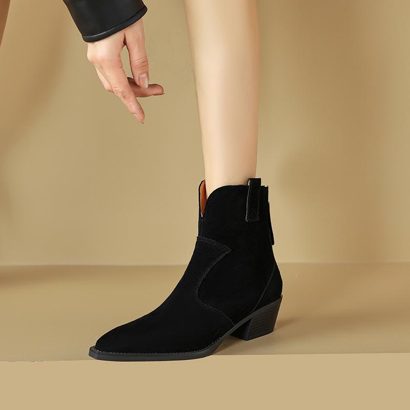 Зимние классические ботинки челси 2025 года для женщин из коровьей замши с острым носком на танкетке, ботильоны, простые и удобные ковбойские сапоги для женщин