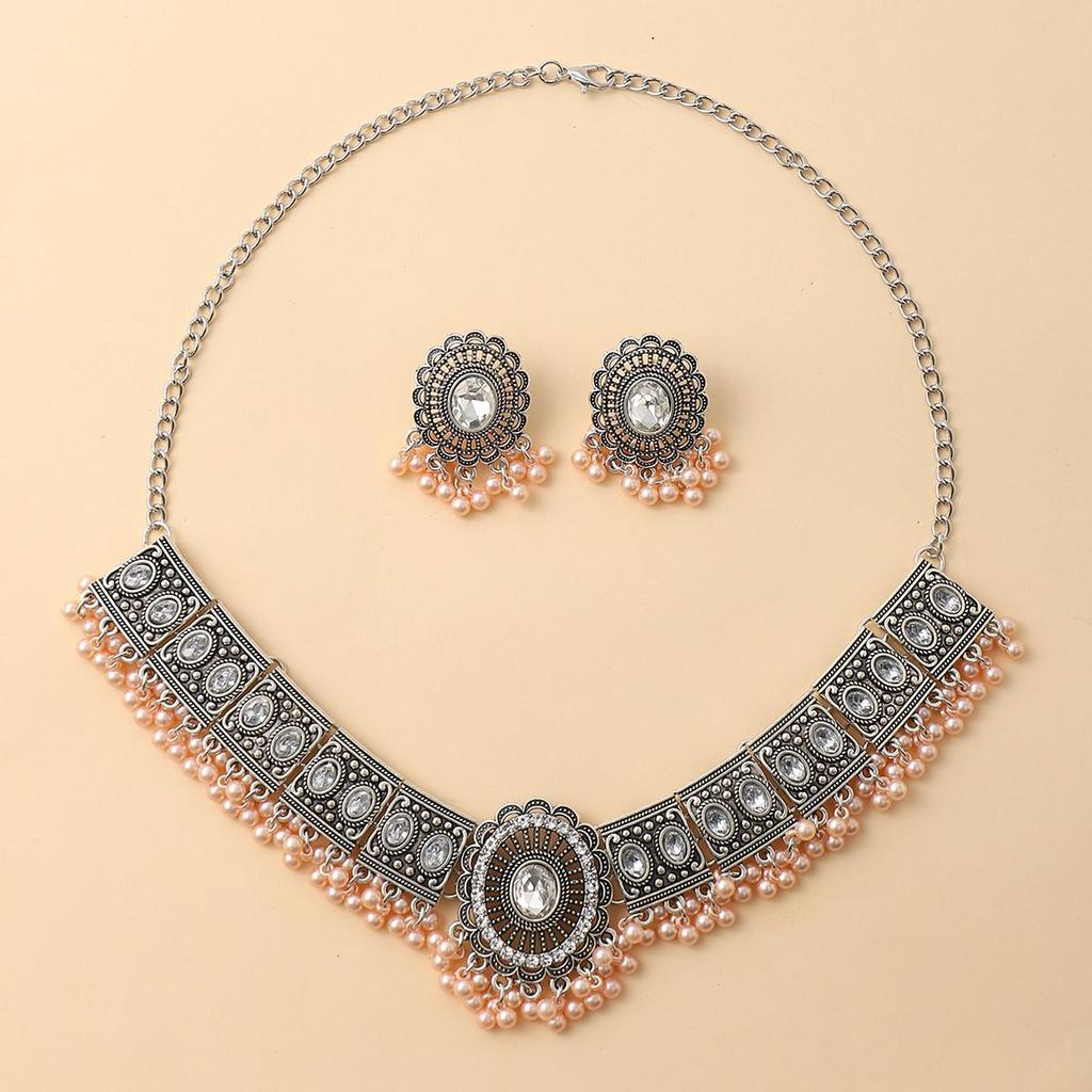 Модная ретро-шаровая цепочка на шею с кисточками, женская цепочка с бриллиантами и цветком на ключицу, древнее серебро, геометрическое ожерелье, комплект сережек