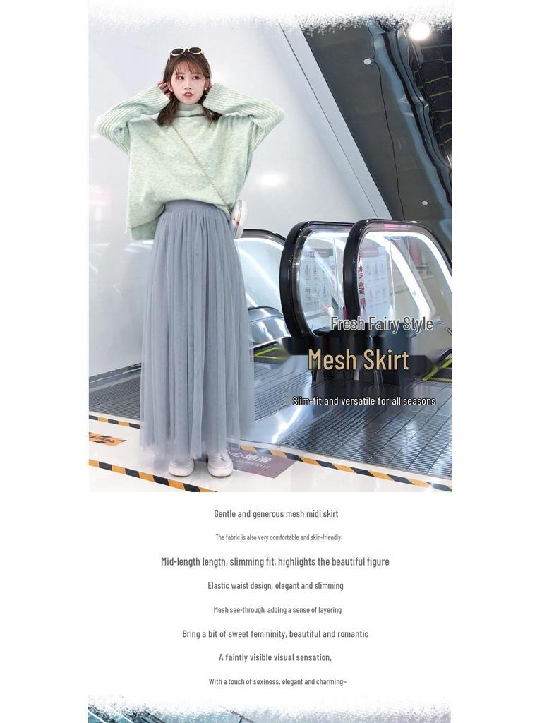 Mid-Length A-Line Pleated Mesh Skirt