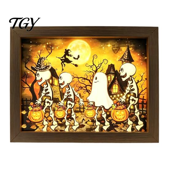 Modern Holiday Home Accents Ghost Photo Frame Lamp, Halloween Lighted Shadow Box, Seasonal Shelf Gothic Skeleton Table Centerpiece for Bedroom Living