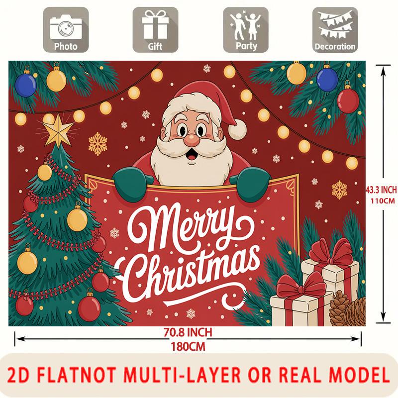 Party Backdrop Santa Claus Christmas Red Flat Festive Santa Claus Trees Ornaments Photo Booth Background Front Door Decor