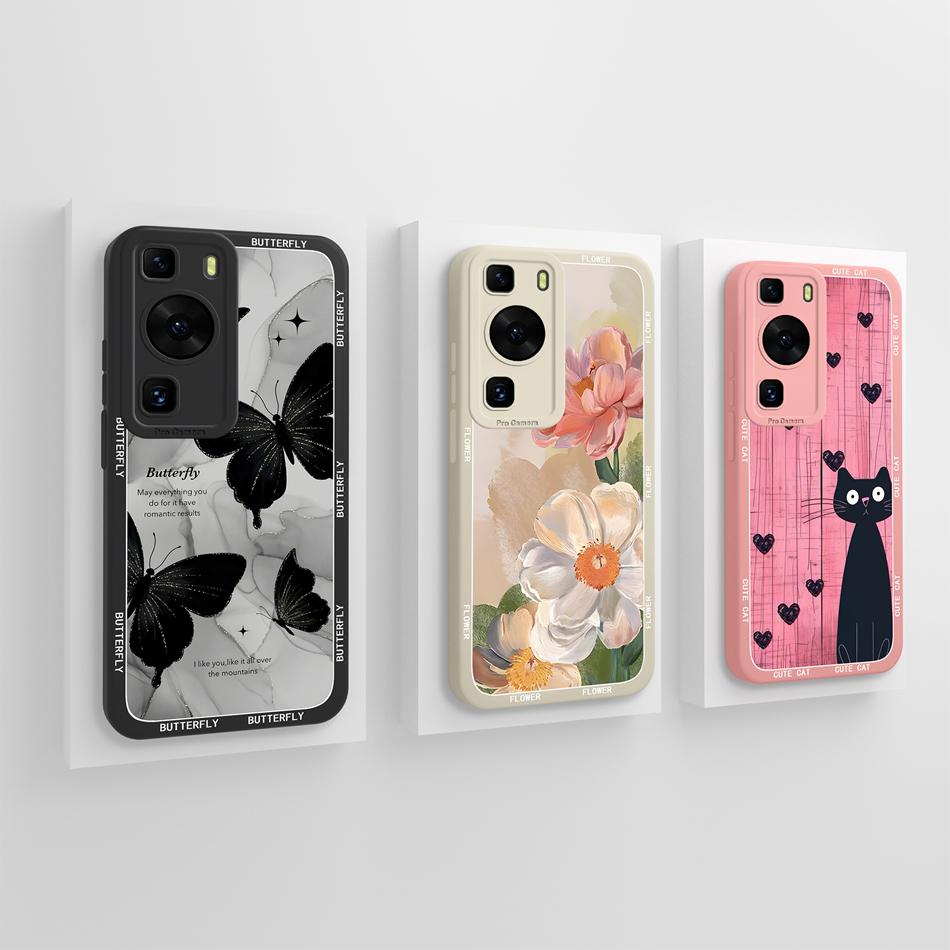 For Huawei P60 Pro Art Case Butterfly Rose Soft Liquid Silicone Cover For Huawei P 60 Art P60Pro Anti Drop Protective Bumper