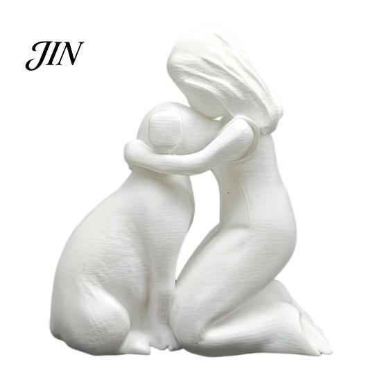 Moisture-proof Home Decor 3D Printed Girl with Dog Figurine Ornament, Minimalist Squatting Pose Pet Lover Gift Sculpture, Healing & Decoration,