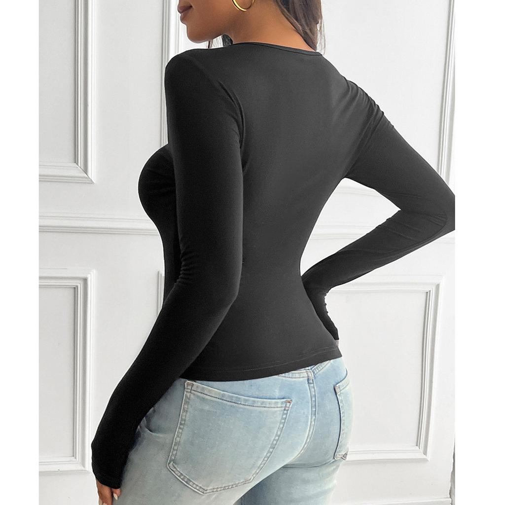 Женский свободный повседневный однотонный топ с V-образным вырезом и длинными рукавами