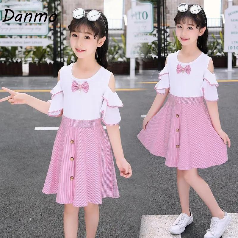 Летние детские платья Danmo для девочек, платье в полоску, детская хлопковая одежда принцессы для подростков, платье на день рождения