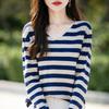 Autumn V-Neck Velvet Knit Pullover: Women's Short Sleeve Striped Sweater, Loose Fit, Korean Style