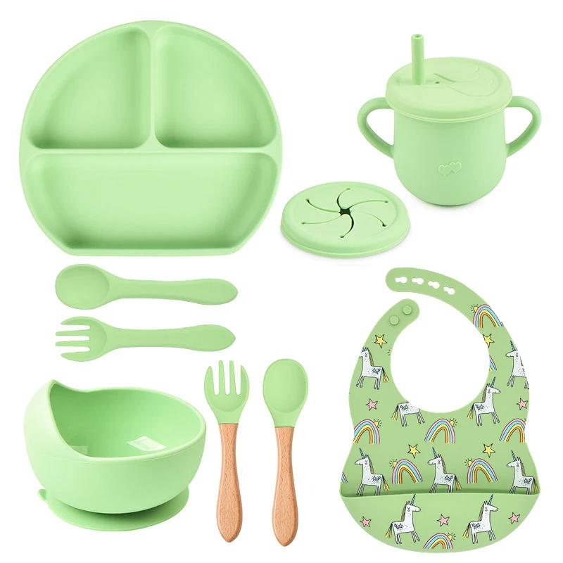 9 шт., набор детской посуды, пищевая силиконовая детская посуда для детей, миска для нагрудника с милым принтом, нескользящие тарелки с присоской BPAFREE