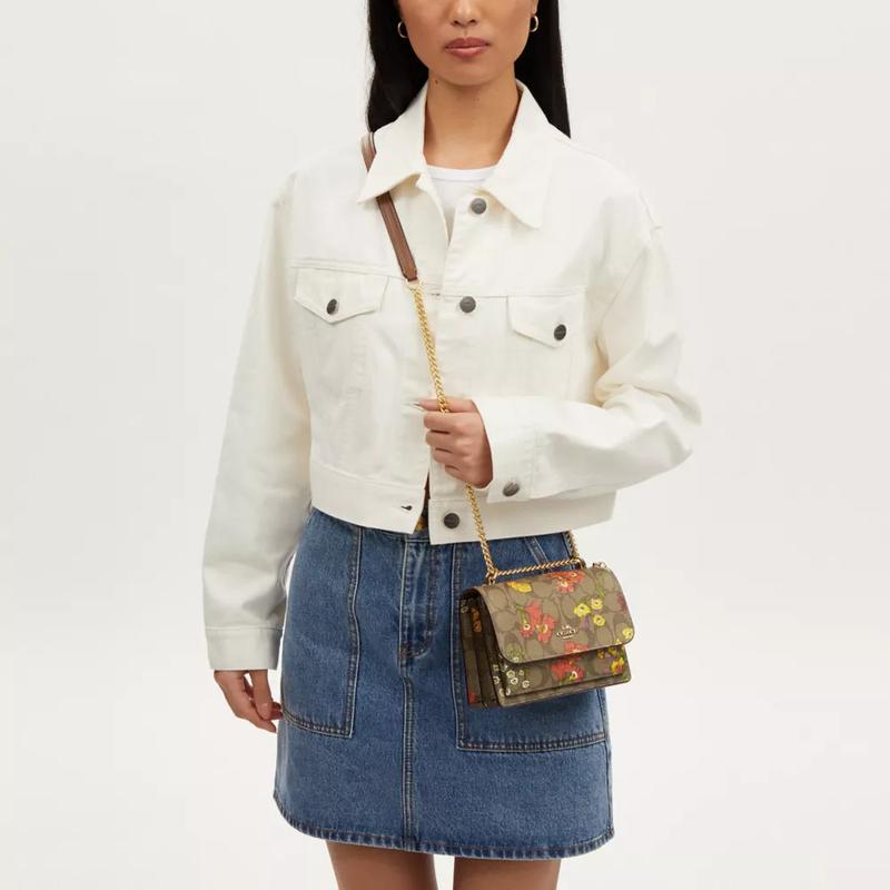 COACH Klare 17 Floral Print Icon Coated Canvas and Leather Shoulder Crossbody Bag Small Women's Gold and Khaki Multicolor