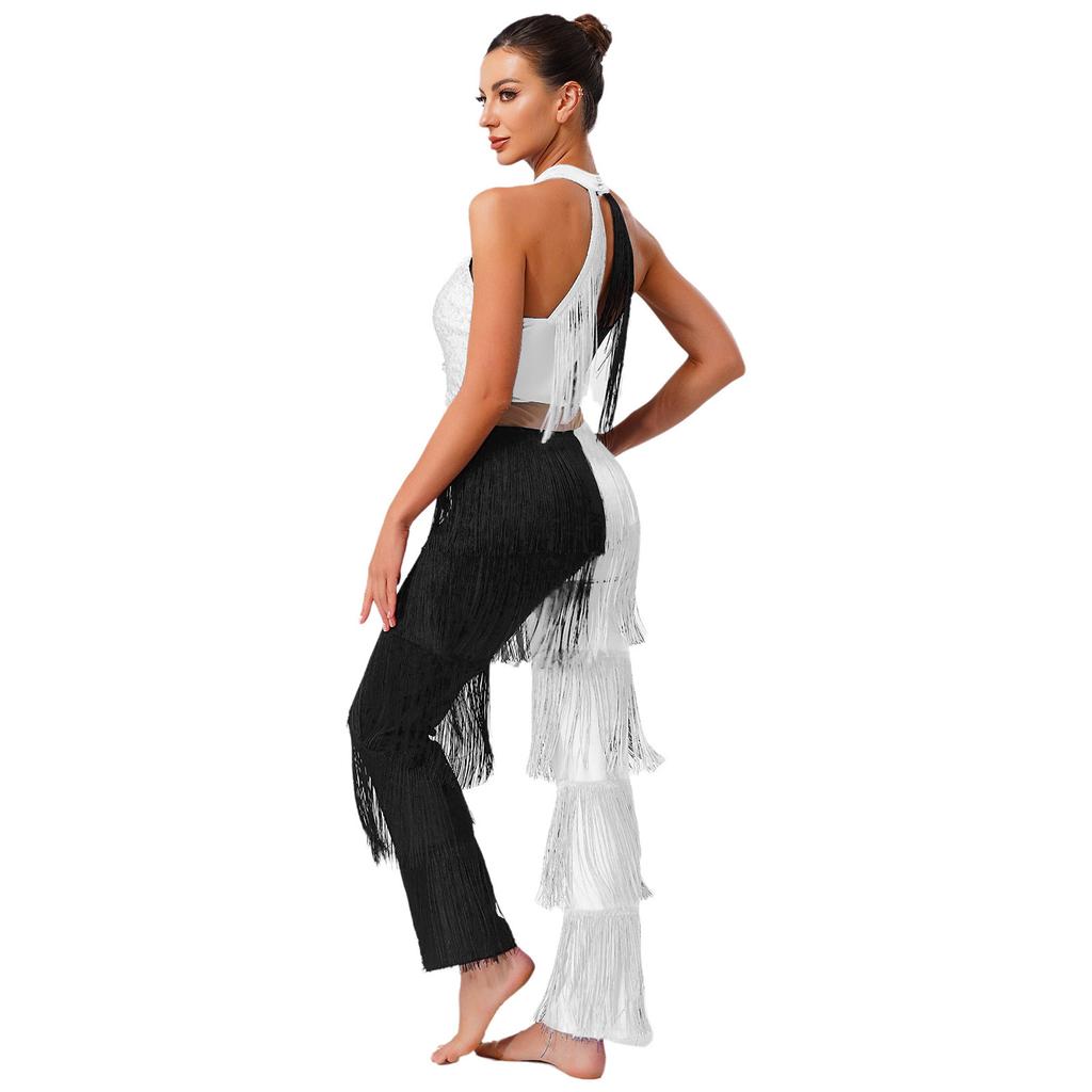 S-XXL Женский комбинезон для латиноамериканских танцев в стиле диско 70-х с пайетками и бахромой, контрастный по цвету, цельный