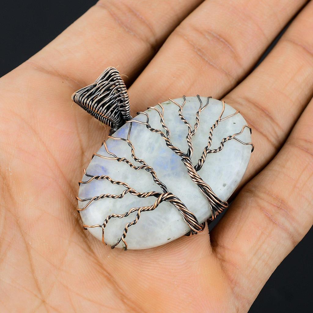 Двойное Древо Жизни Лунный Камень Драгоценный Камень Медная Проволока Обертка Кулон Ручной Работы Ювелирный Подарок