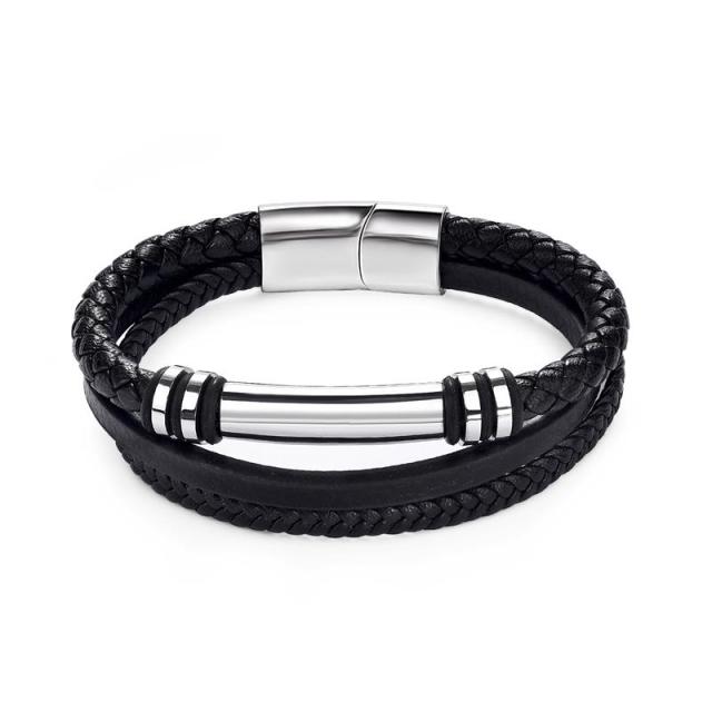 Fashion Stainless Steel Charm Men Bracelet Magnetic Clasp Braided Mutilayer Leather Wrapping Punk Rock Bangles Man Jewelry Gift