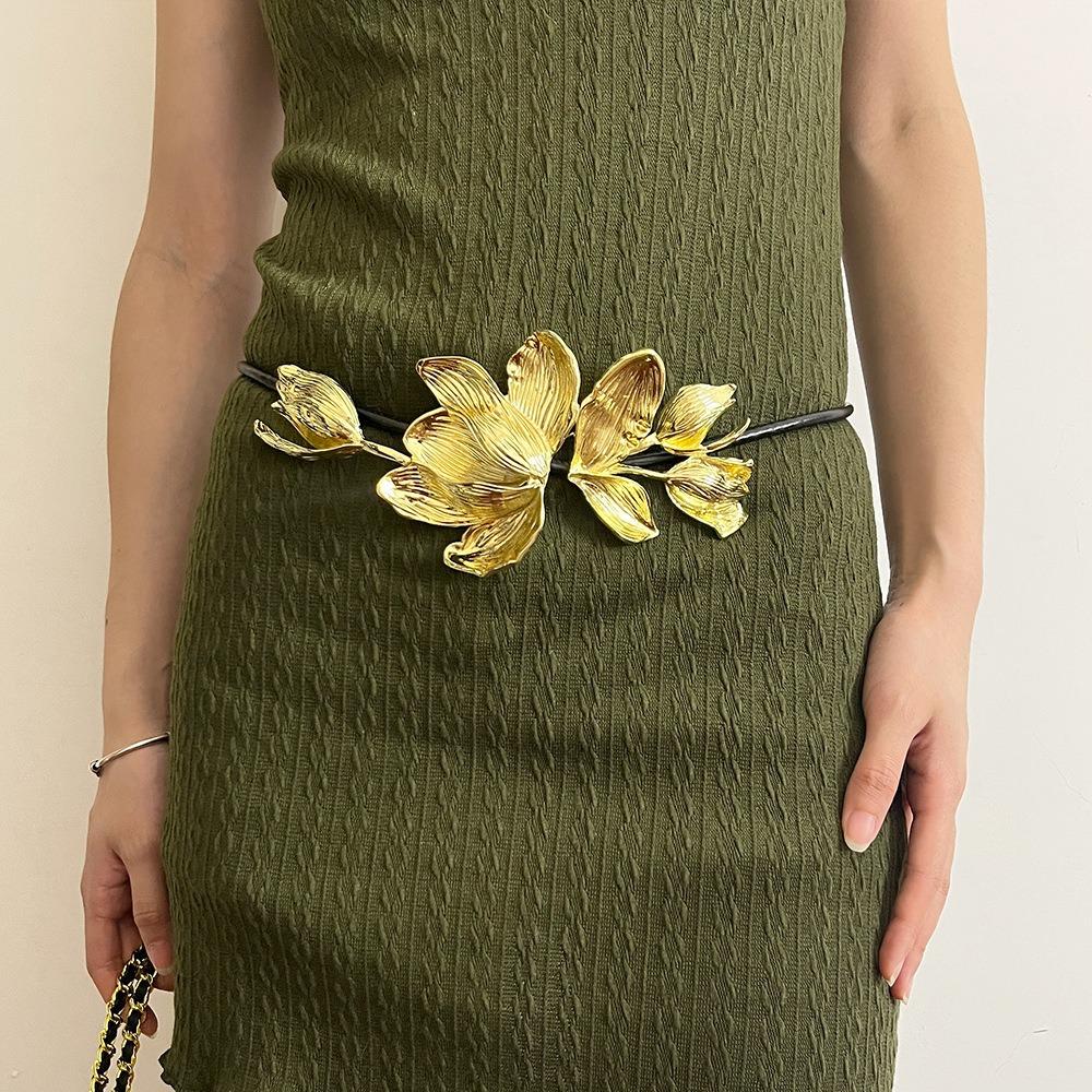 Elegant Zinc Zinc Alloy Flower Belt Vintage PU Leather Rope Belt Fashion Tulip Waist Chain Pants