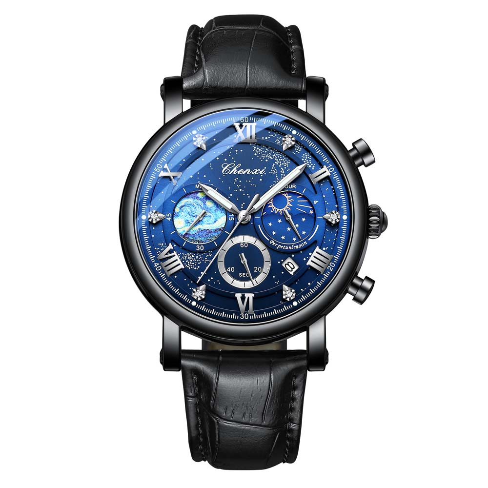 NEW Man Watch Multi-function Chronograph Moon Phase Date Quartz Watches Sky Dial Stainless Steel CHENXI Wristwatch Reloj Hombre