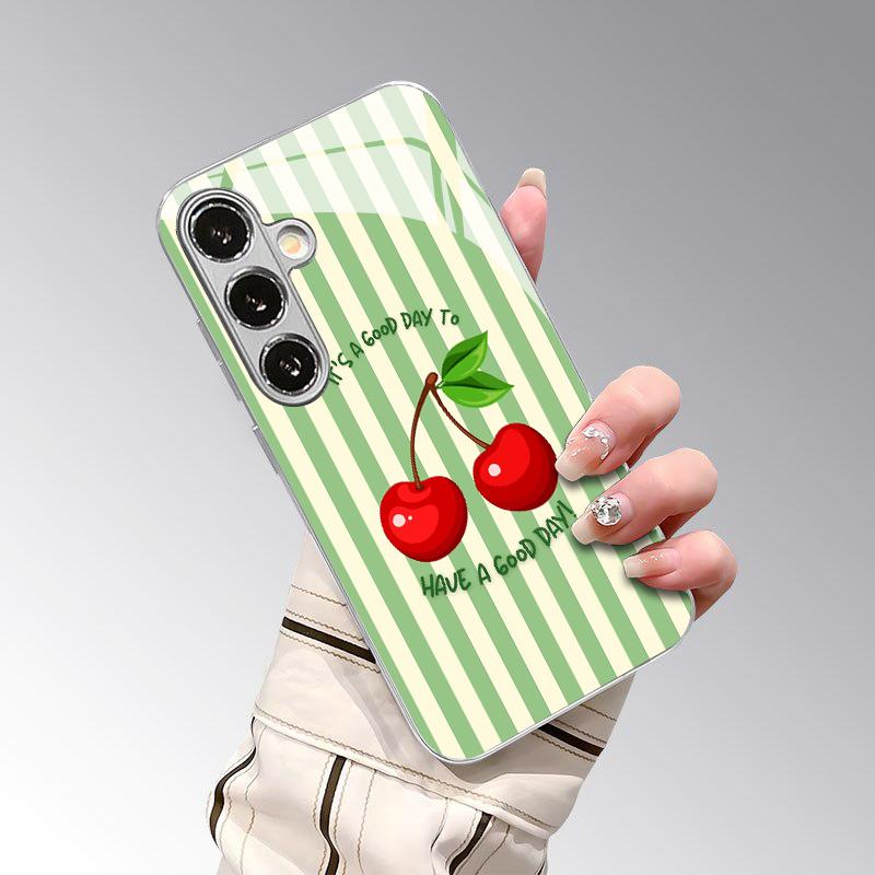 Чехол-бампер 2D с узором «Вишневая полоска» для Samsung S26 S25 S24 S23 S22 S21 S20 A56 A36 A16 - Гальваническое стекло, Защитная крышка