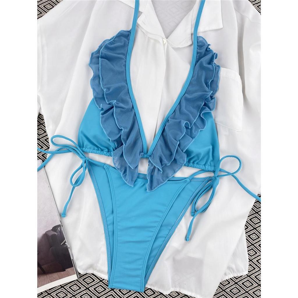 3 цвета с рюшами и глубоким V-образным вырезом на шее, бикини, женские купальники, женский купальник, комплект из двух частей, купальный костюм, купальный костюм для женщин