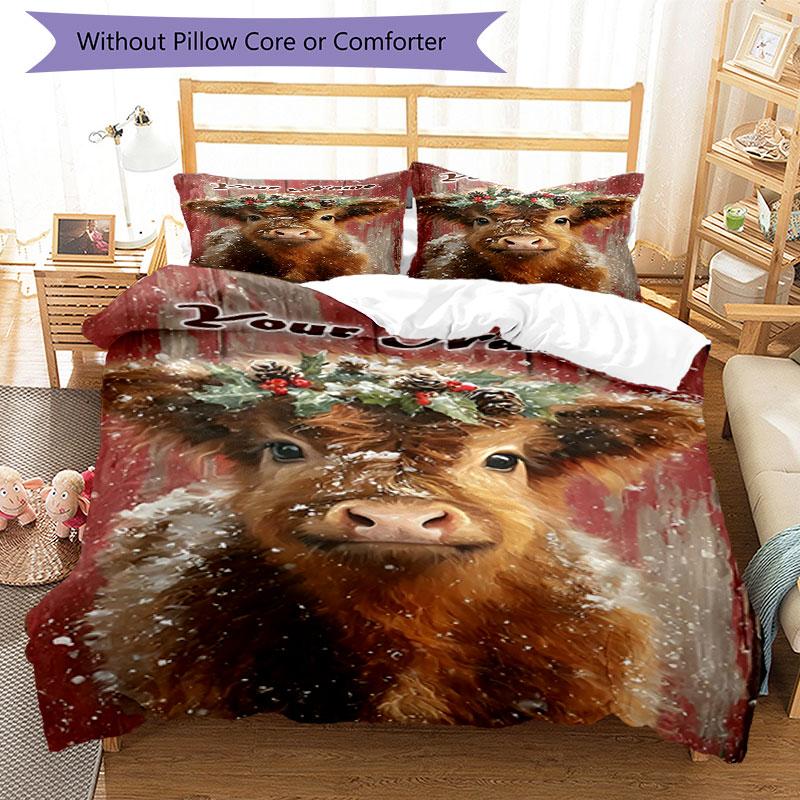 3PC Custom Name Winter Highland Cow Portrait Bedding Set Printed Bedding Set Duvet Cover Closure Includes 1 Duvet Cover & 2 Pillowcases for All Season