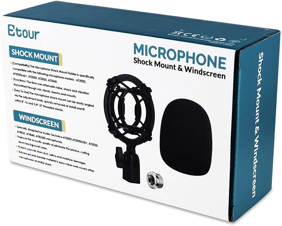 Etour AT2020 Микрофонное амортизирующее крепление с поп-фильтром, [Специально для микрофонов Audio-Technica] Антивибрационный амортизирующий держатель-клипса