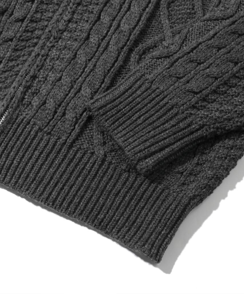 TRILLION Washable Aran Cable Hooded Zip-Up Knit (Charcoal)