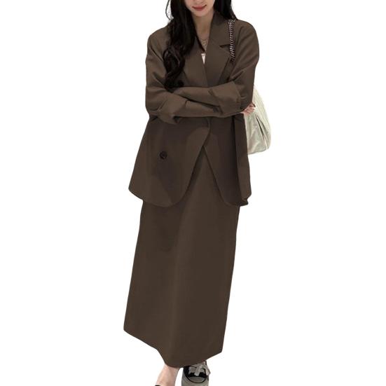 Женский костюм из 2 предметов, пальто, юбка, двубортный пиджак с длинными рукавами и лацканами, средней длины, свободная юбка с высокой талией, формальный деловой стиль, наряд