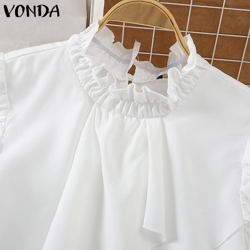 VONDA Женские летние однотонные блузки с воротником-стойкой и коротким рукавом с оборками