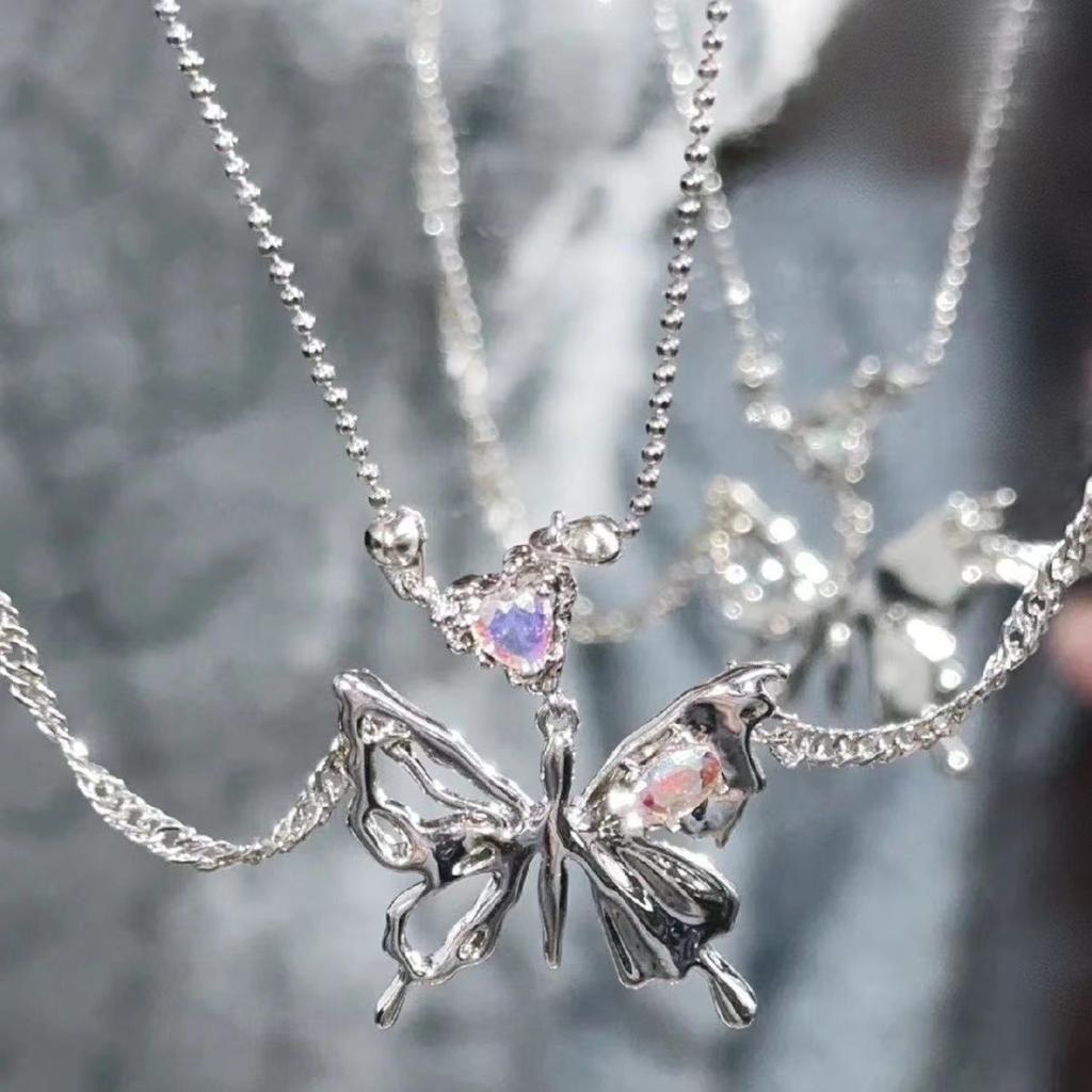 Y2K Crystal Butterfly Pendant Necklace Women Light Luxury Egirl Punk Heart Grunge Clavicle Chain Fashion Jewelry Party Gift 2023