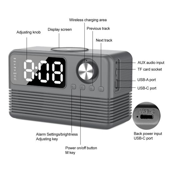 Bluetooth-совместимый динамик с быстрым беспроводным зарядным устройством 15 Вт, стабильное соединение, многофункциональная зарядная станция с будильником и радио 4 в 1