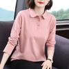Однотонная рубашка-поло с длинным рукавом для женщин среднего возраста - Весна/Осень, топ из чистого хлопка с отложным воротником