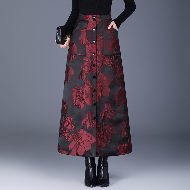 Жаккардовый Хлопок с Набивкой больших размеров Высокая талия винтажный цветочный Весна осень Зима повседневный свободный длинный для женщины юбки женская юбка
