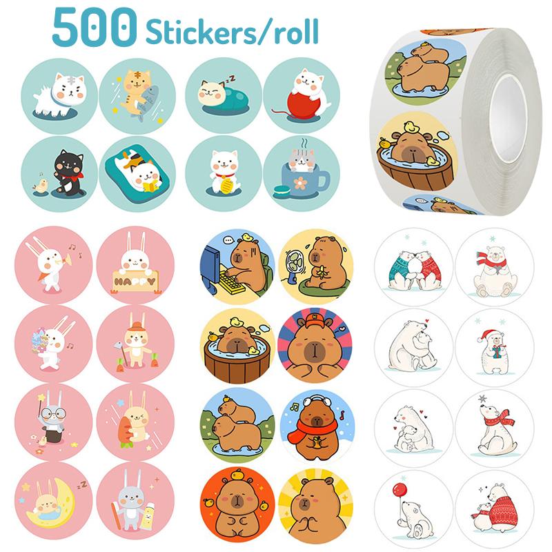 500Pcs/Roll Cartoon Animal Sticker Capibara Kapibala Rabbit Cat Bear Hand Account Decals Gift Bag Sealing Sticker Baking Label