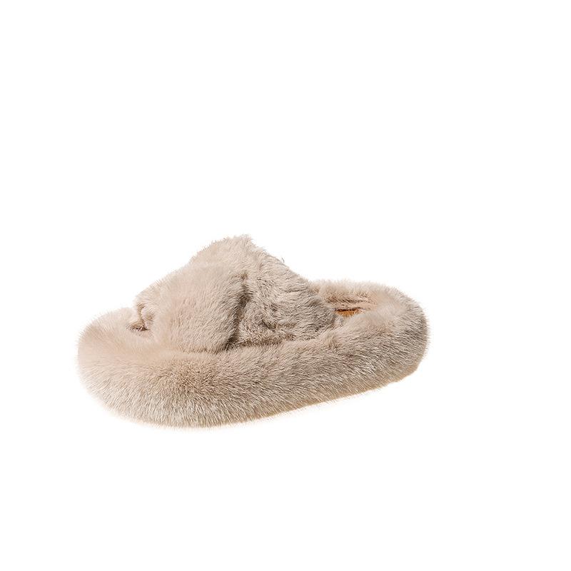 Популярные в интернете женские осенне-зимние новые хлопковые тапочки с открытым носком и пушистой отделкой, на толстой подошве, нескользящие, с перекрещенными ремешками