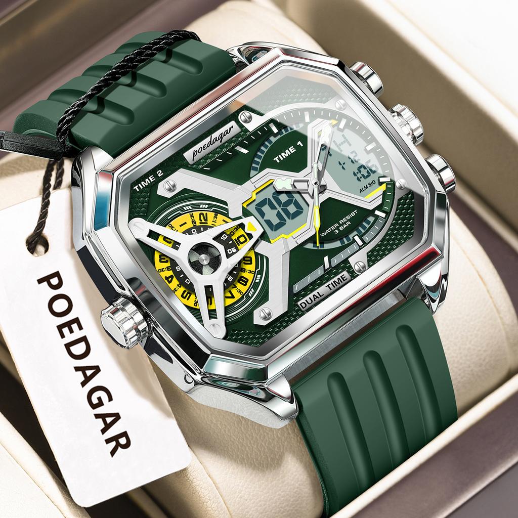 Роскошные мужские часы LED Календарь Неделя Светящиеся Мужские Наручные часы Электронные Прямоугольные Силиконовый Ремешок Кварцевые Мужские Часы