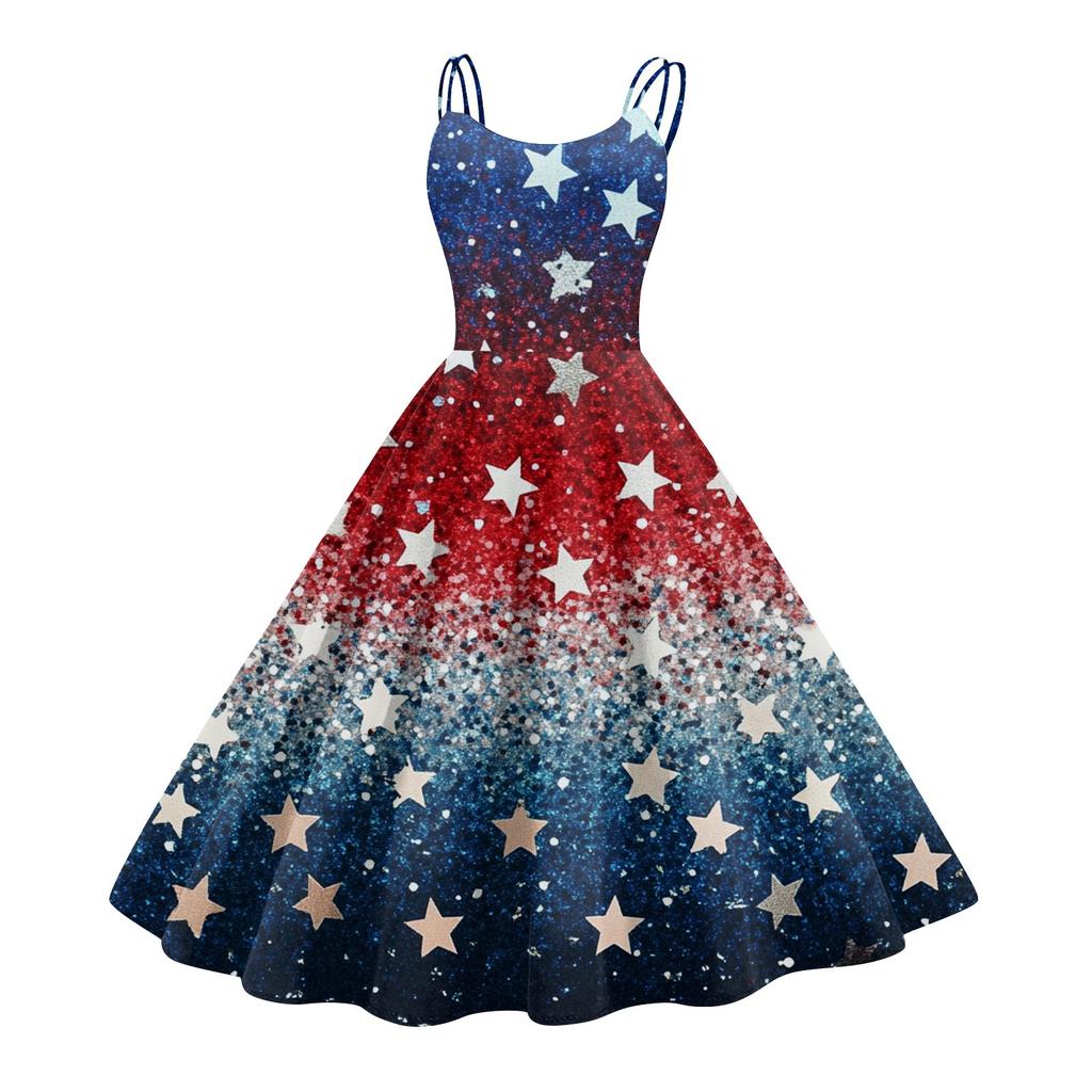 Women's Patriotic Starry Night Dress Sleeveless American Flag Design, Perfect for Celebrations & Summer Events