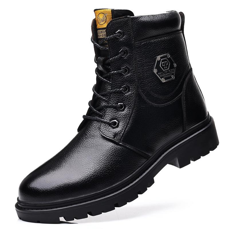 Cowhide and Fleece Martin Boots Men's Shoes Wool Cashmere British Casual Northeast High-top Cotton Shoes Leather Boots Men's Shoes Cargo Boots